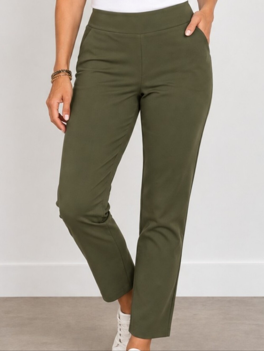 Eileen Fisher Olive Green Stretch Knit Pull On Straight Leg Pants Size S